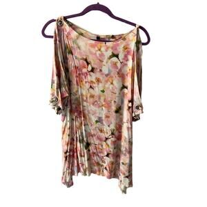 Cable & Gauge Blouse Top Women's L Pink Floral Cold Shoulder Scoop Neck Pleated